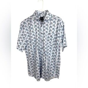 Johnnie O Shirt Mens Medium Blue Top Shelf Short Sleeve Button Up Leaf Print